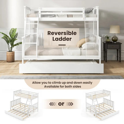 3-in-1 Twin Over Full Bunk Bed with Trundle and Ladder-White Costway