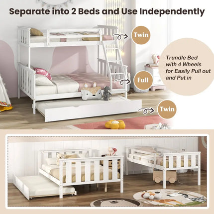 3-in-1 Twin Over Full Bunk Bed with Trundle and Ladder-White Costway