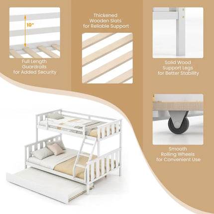 3-in-1 Twin Over Full Bunk Bed with Trundle and Ladder-White Costway