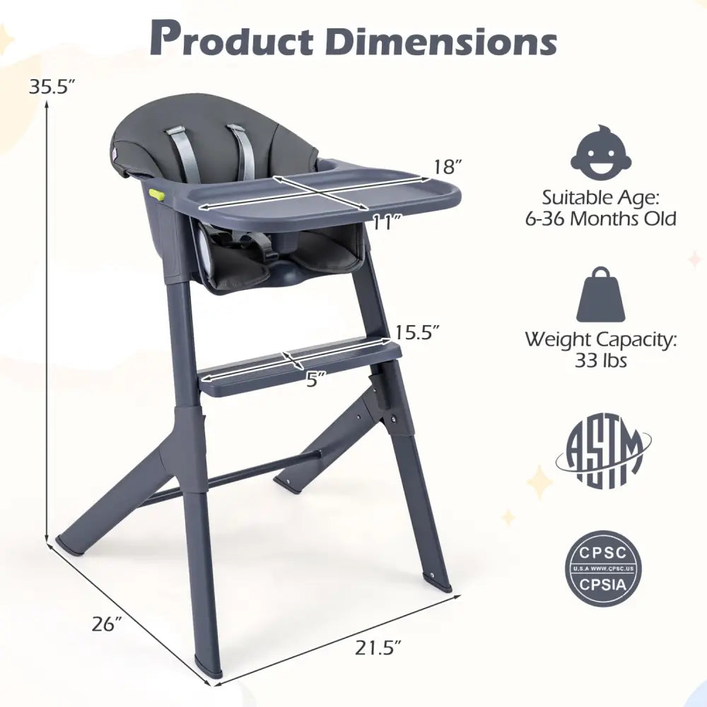 3-in-1 Washable Baby High Chair with Tray Footrest-Gray - Gray - High Chairs