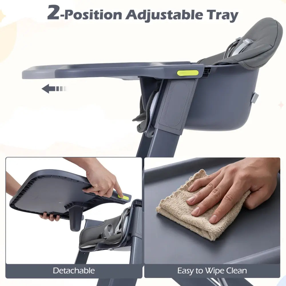 3-in-1 Washable Baby High Chair with Tray Footrest-Gray - Gray - High Chairs
