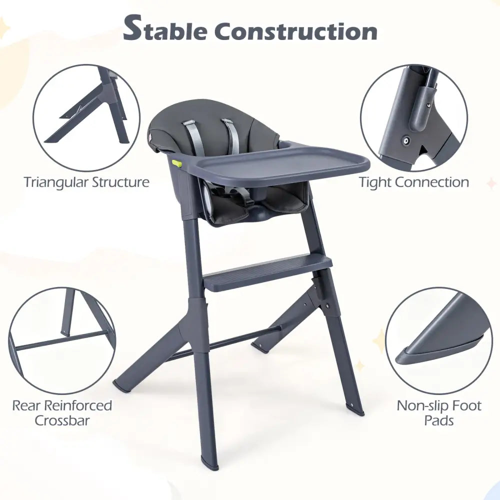 3-in-1 Washable Baby High Chair with Tray Footrest-Gray - Gray - High Chairs