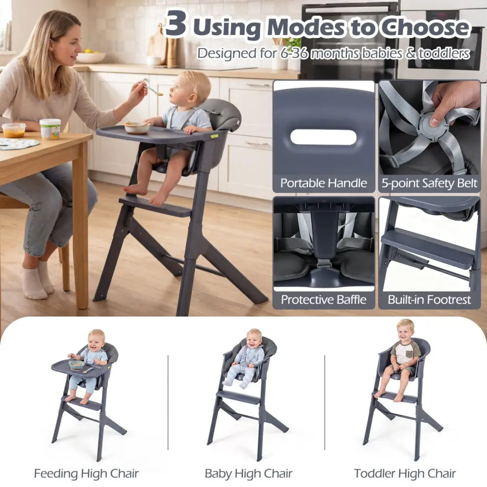 3-in-1 Washable Baby High Chair with Tray Footrest-Gray - Gray - High Chairs