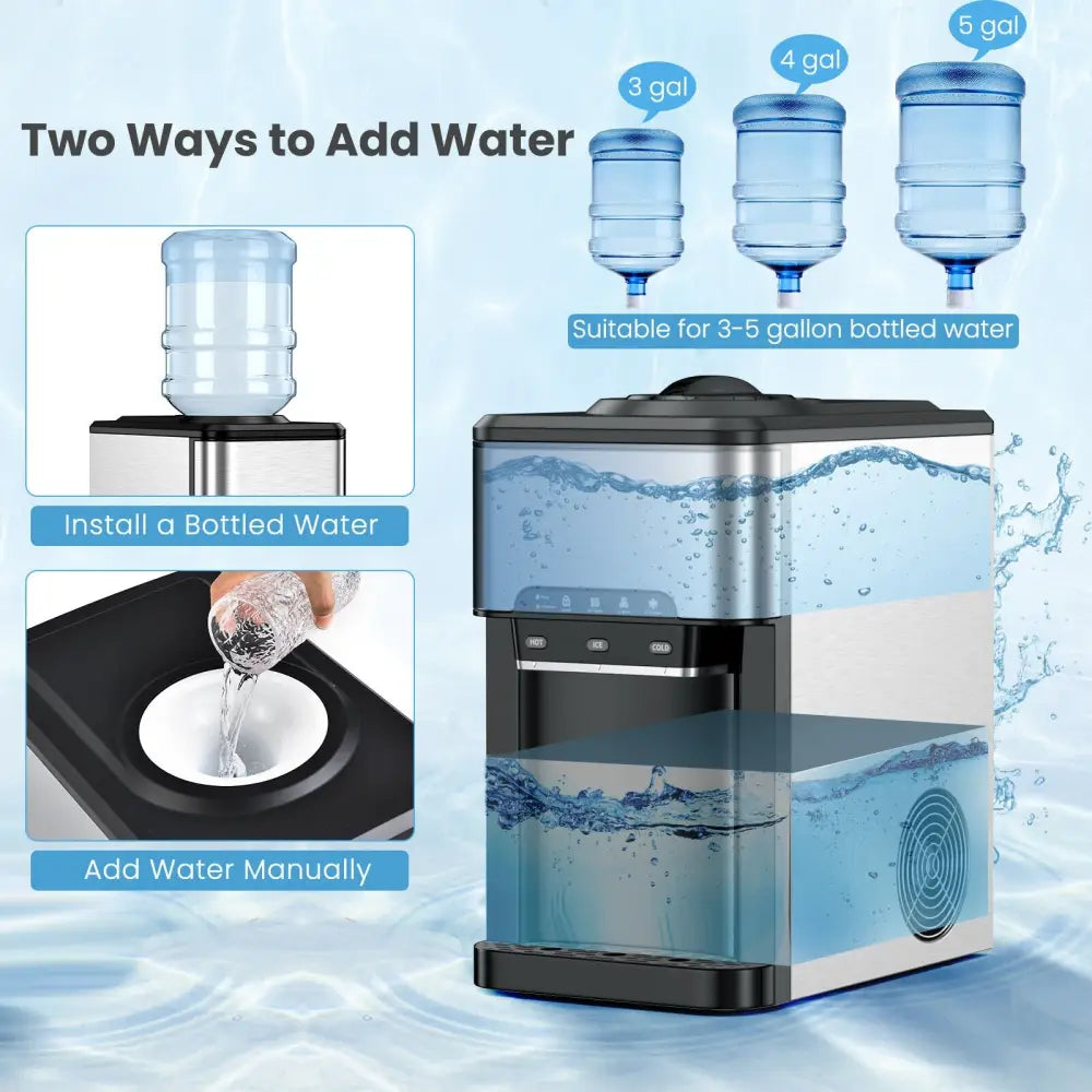 3-in-1 Water Cooler Dispenser with Built-in Ice Maker and 3 Temperature Settings-Silver - Silver - Water Dispensers
