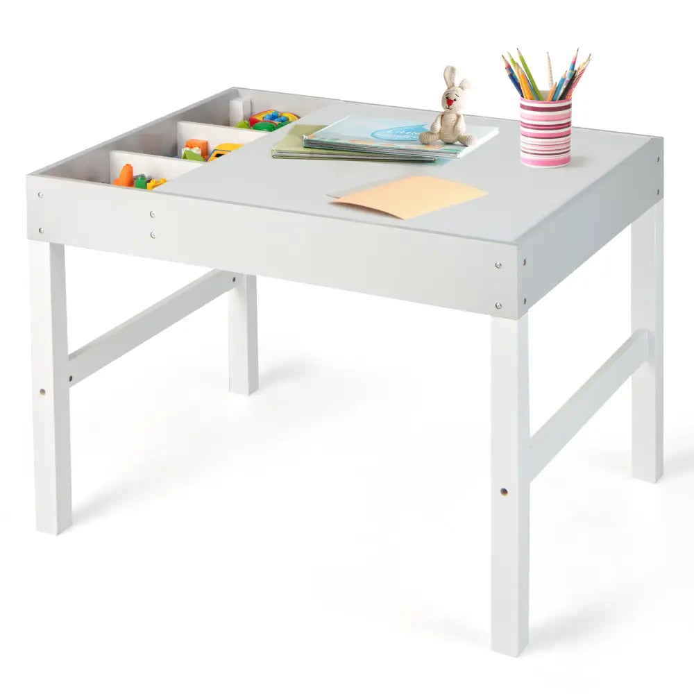 3 in 1 Wooden Kids Table with Storage and Double-Sided Tabletop-White - White - Kids Table & Chair Sets