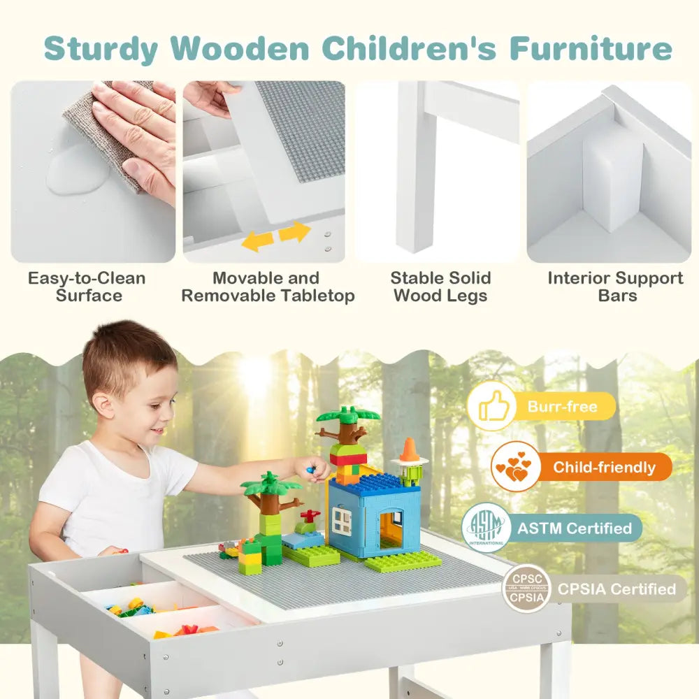 3 in 1 Wooden Kids Table with Storage and Double-Sided Tabletop-White - White - Kids Table & Chair Sets