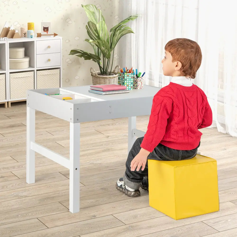 3 in 1 Wooden Kids Table with Storage and Double-Sided Tabletop-White - White - Kids Table & Chair Sets