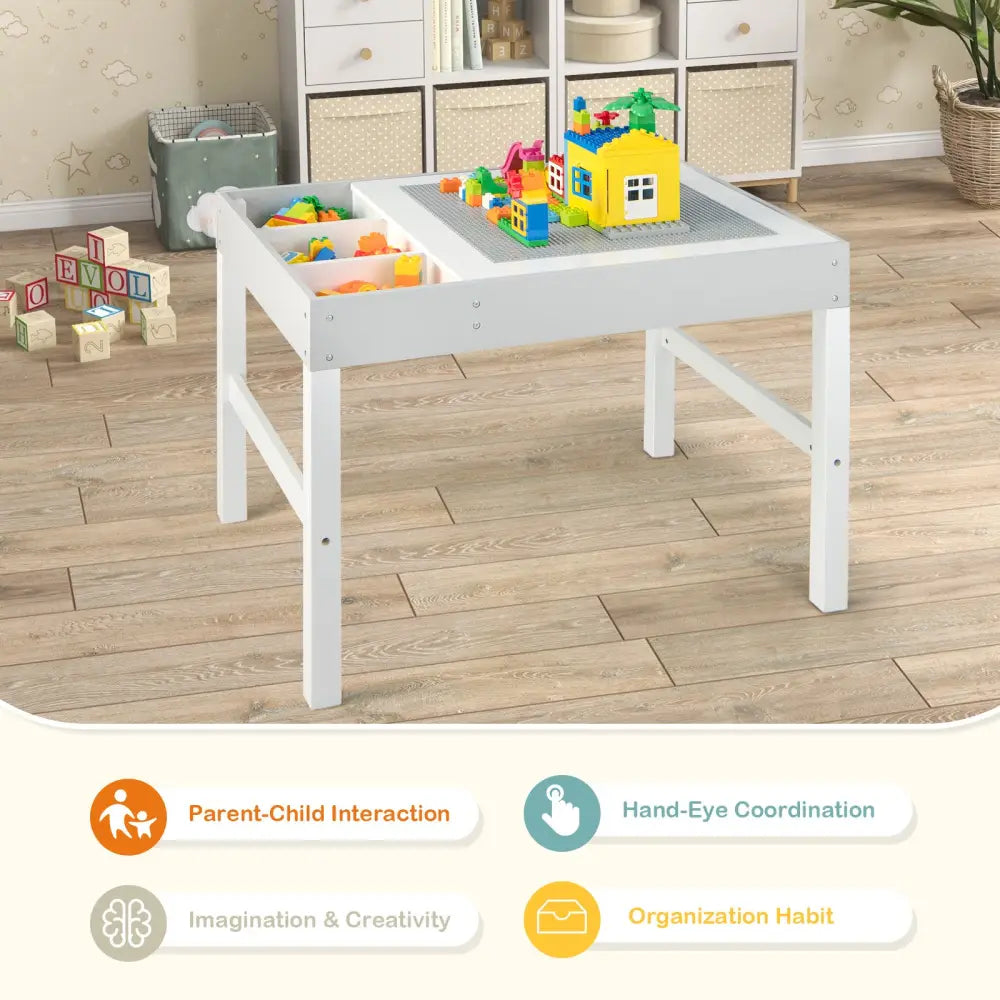 3 in 1 Wooden Kids Table with Storage and Double-Sided Tabletop-White - White - Kids Table & Chair Sets