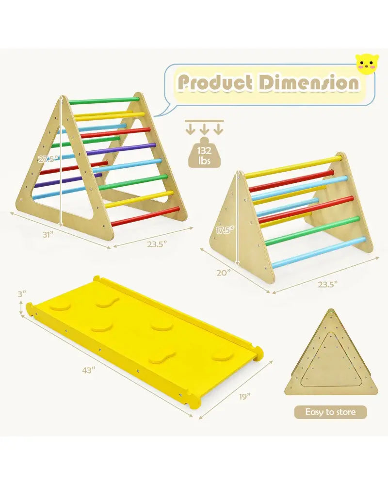 3 in 1 Wooden Set of 2 Triangle Climber with Ramp for Slid - Multicolor - Climbers & Slides