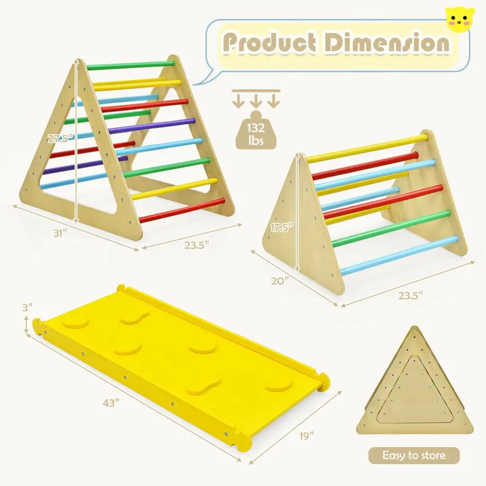 3 in 1 Wooden Set of 2 Triangle Climber with Ramp for Slid - Multicolor - Climbers & Slides