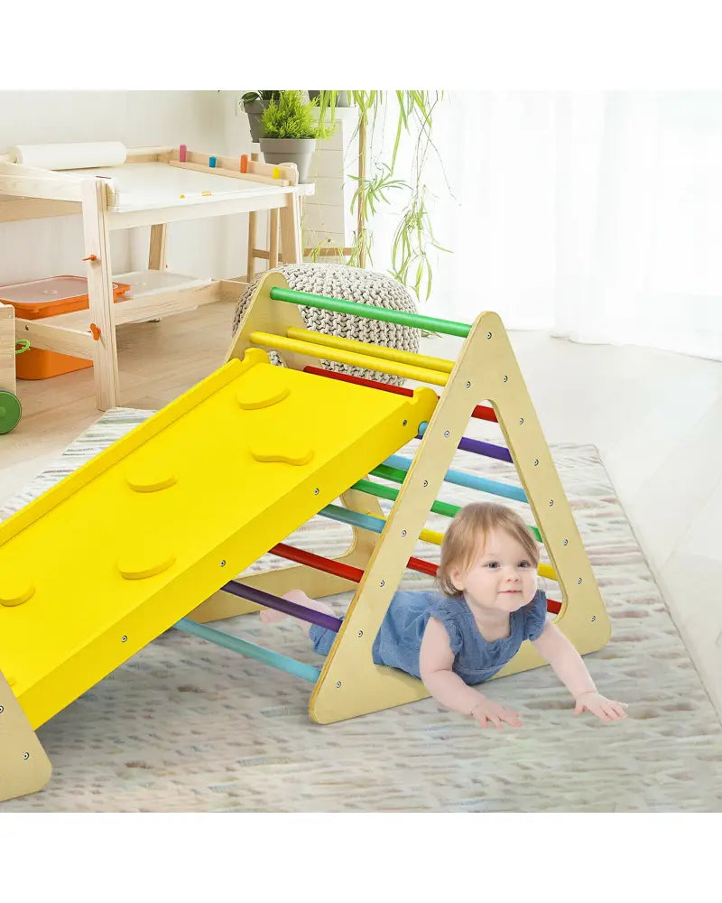 3 in 1 Wooden Set of 2 Triangle Climber with Ramp for Slid - Multicolor - Climbers & Slides