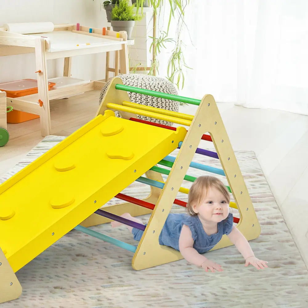 3 in 1 Wooden Set of 2 Triangle Climber with Ramp for Slid - Multicolor - Climbers & Slides