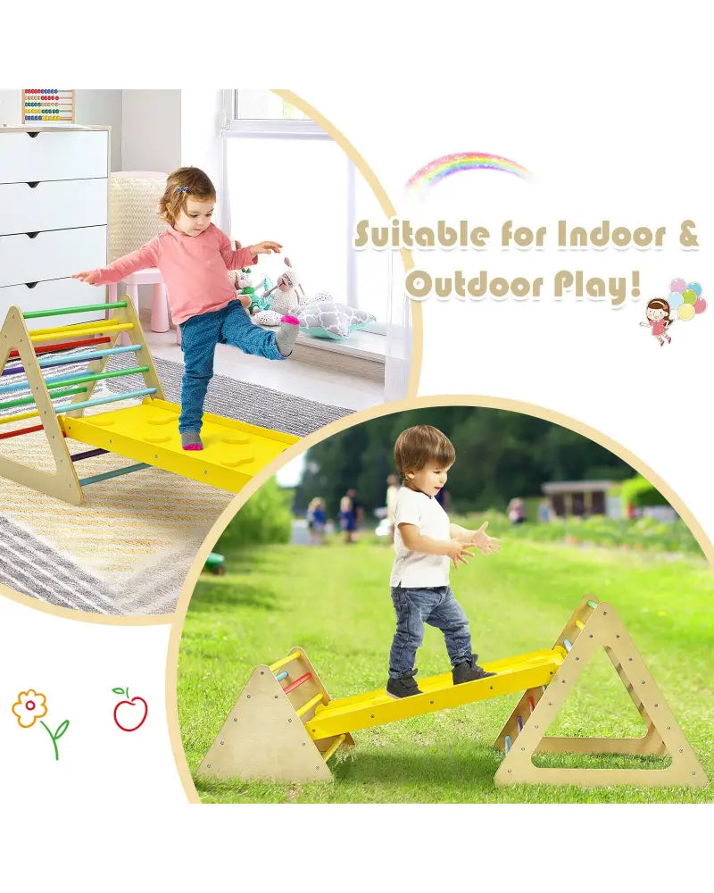 3 in 1 Wooden Set of 2 Triangle Climber with Ramp for Slid - Multicolor - Climbers & Slides