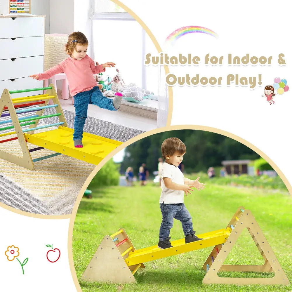 3 in 1 Wooden Set of 2 Triangle Climber with Ramp for Slid - Multicolor - Climbers & Slides