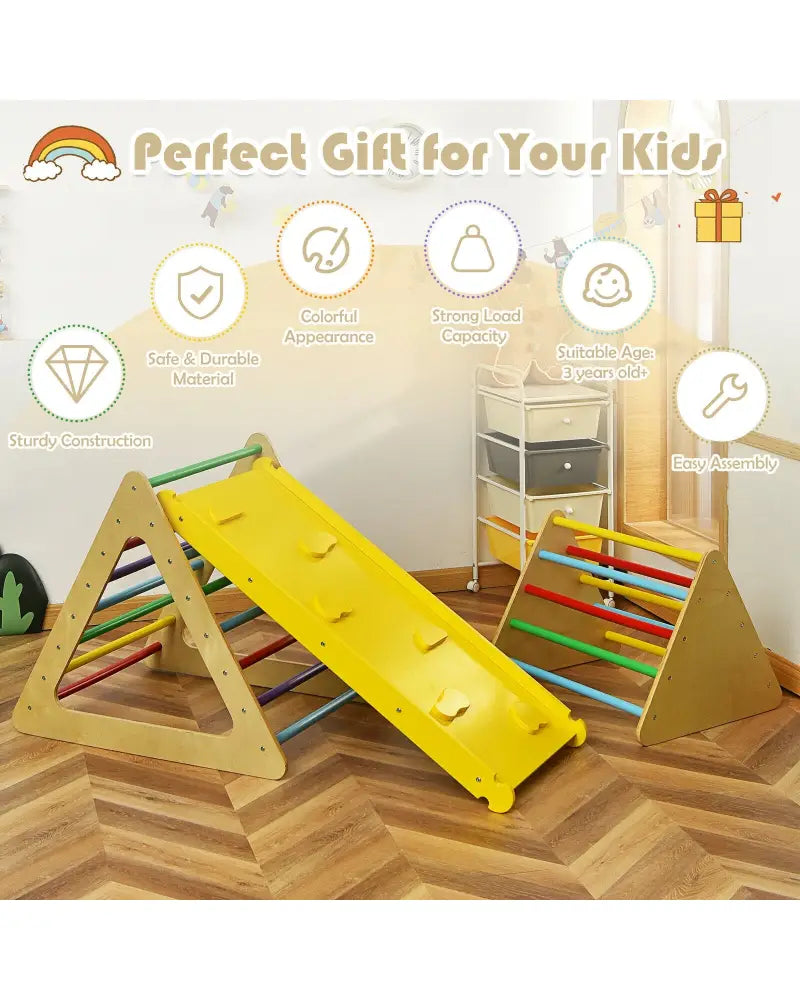3 in 1 Wooden Set of 2 Triangle Climber with Ramp for Slid - Multicolor - Climbers & Slides