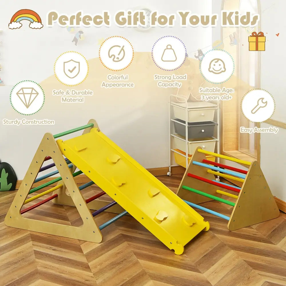 3 in 1 Wooden Set of 2 Triangle Climber with Ramp for Slid - Multicolor - Climbers & Slides