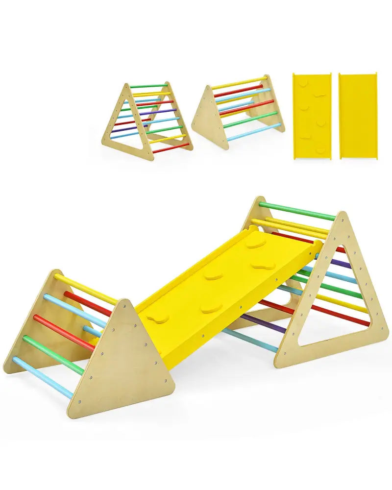 3 in 1 Wooden Set of 2 Triangle Climber with Ramp for Slid - Multicolor - Climbers & Slides
