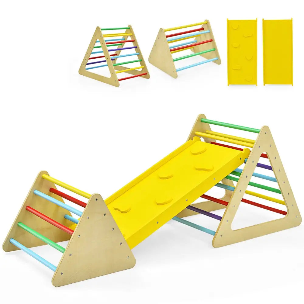 3 in 1 Wooden Set of 2 Triangle Climber with Ramp for Slid - Multicolor - Climbers & Slides