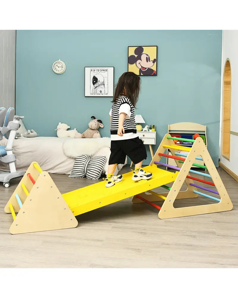 3 in 1 Wooden Set of 2 Triangle Climber with Ramp for Slid - Multicolor - Climbers & Slides
