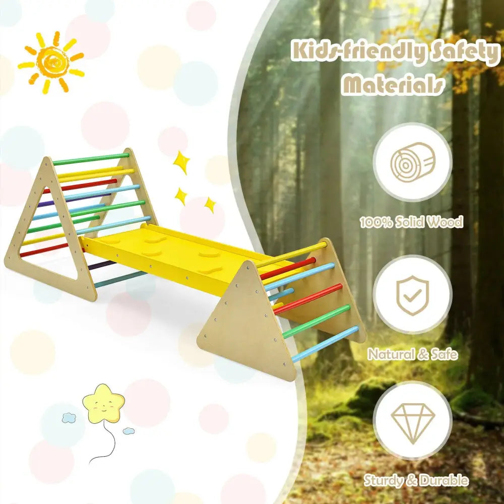 3 in 1 Wooden Set of 2 Triangle Climber with Ramp for Slid - Multicolor - Climbers & Slides