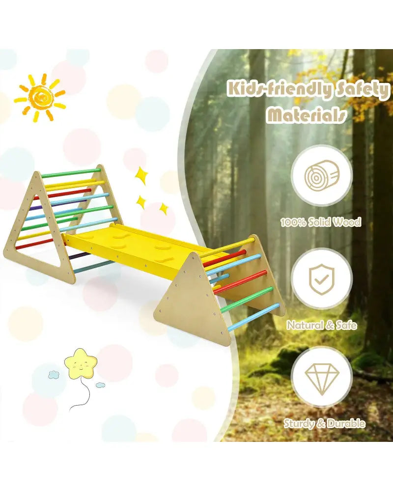 3 in 1 Wooden Set of 2 Triangle Climber with Ramp for Slid - Multicolor - Climbers & Slides