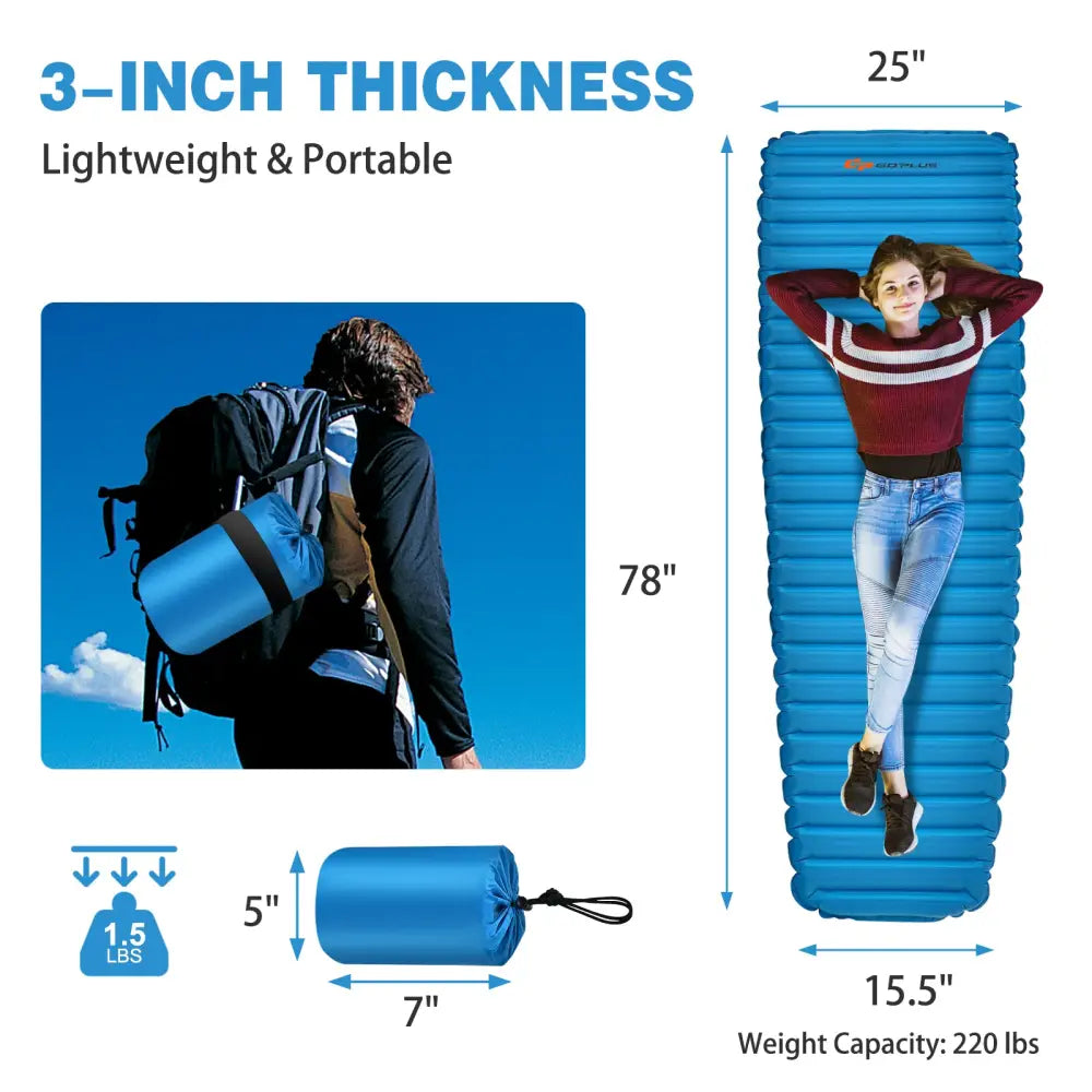 3 Inch Thick Inflatable Waterproof Camping Sleeping Pad-Blue - Blue - Air Mattresses & Sleeping Bags