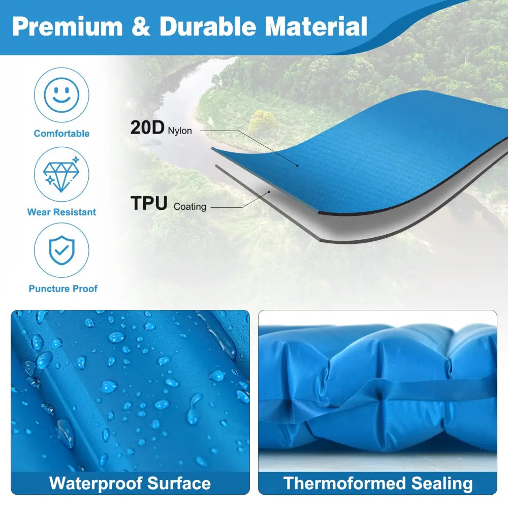 3 Inch Thick Inflatable Waterproof Camping Sleeping Pad-Blue - Blue - Air Mattresses & Sleeping Bags