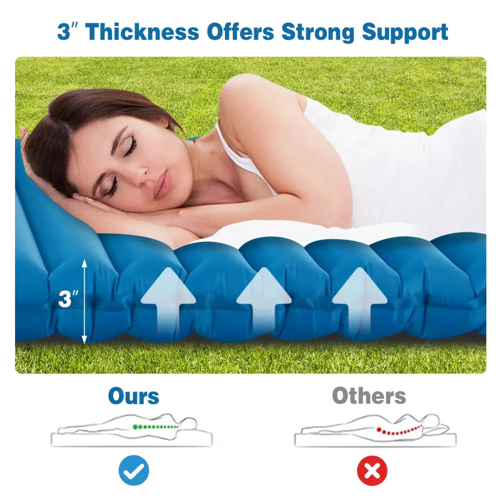 3 Inch Thick Inflatable Waterproof Camping Sleeping Pad-Blue - Blue - Air Mattresses & Sleeping Bags