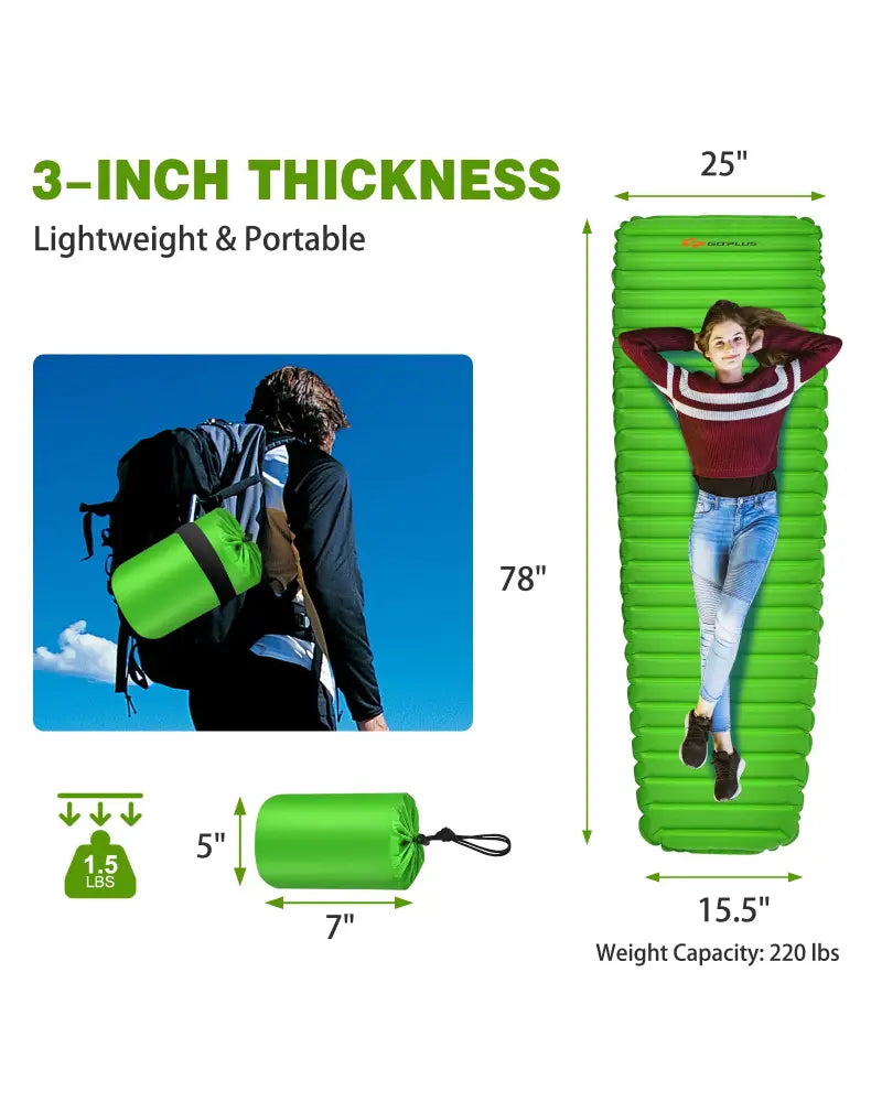 3 Inch Thick Inflatable Waterproof Camping Sleeping Pad-Green - Green - Air Mattresses & Sleeping Bags
