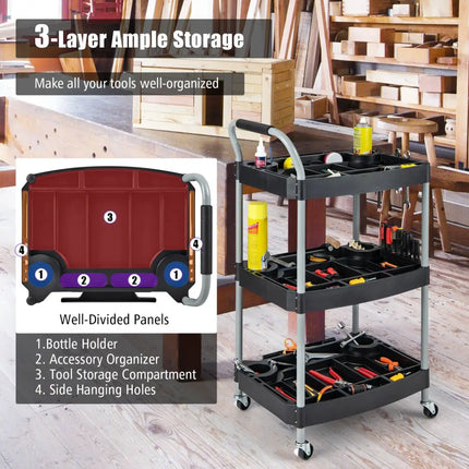 3 Layer Detailing Tool Utility Cart Tool Organizer Mobile Rolling Cart with Multiple Divider-Black - Black - Garages