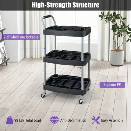 3 Layer Detailing Tool Utility Cart Tool Organizer Mobile Rolling Cart with Multiple Divider-Black - Black - Garages