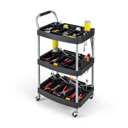 3 Layer Detailing Tool Utility Cart Tool Organizer Mobile Rolling Cart with Multiple Divider-Black - Black - Garages