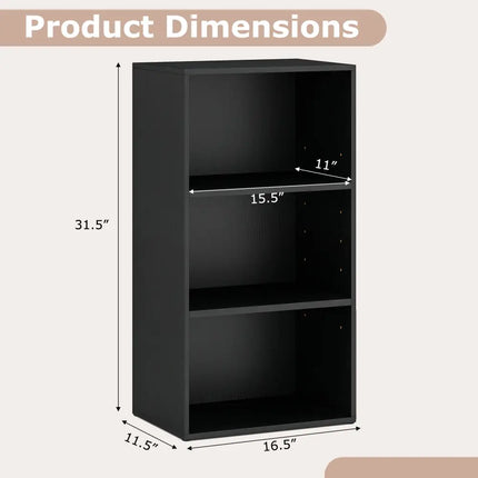 3 Open Shelf Bookcase Modern Storage Display Cabinet-Black Costway