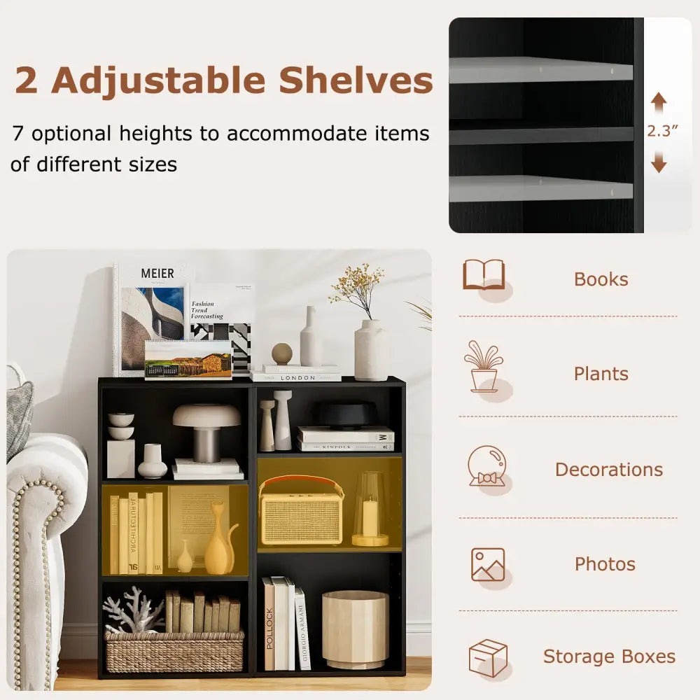 3 Open Shelf Bookcase Modern Storage Display Cabinet-Black - Black - Bookcases