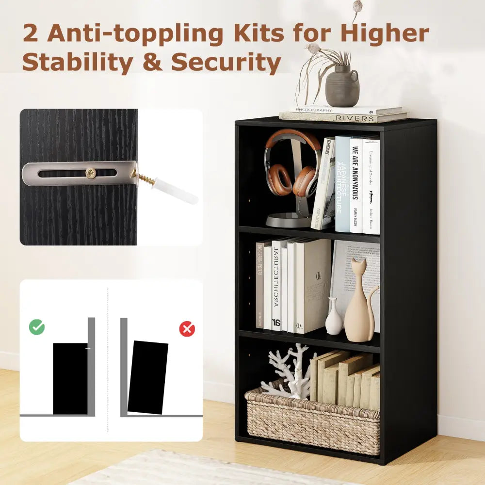 3 Open Shelf Bookcase Modern Storage Display Cabinet-Black - Black - Bookcases