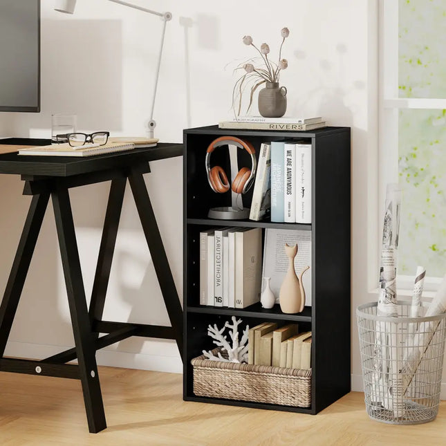 3 Open Shelf Bookcase Modern Storage Display Cabinet-Black Costway