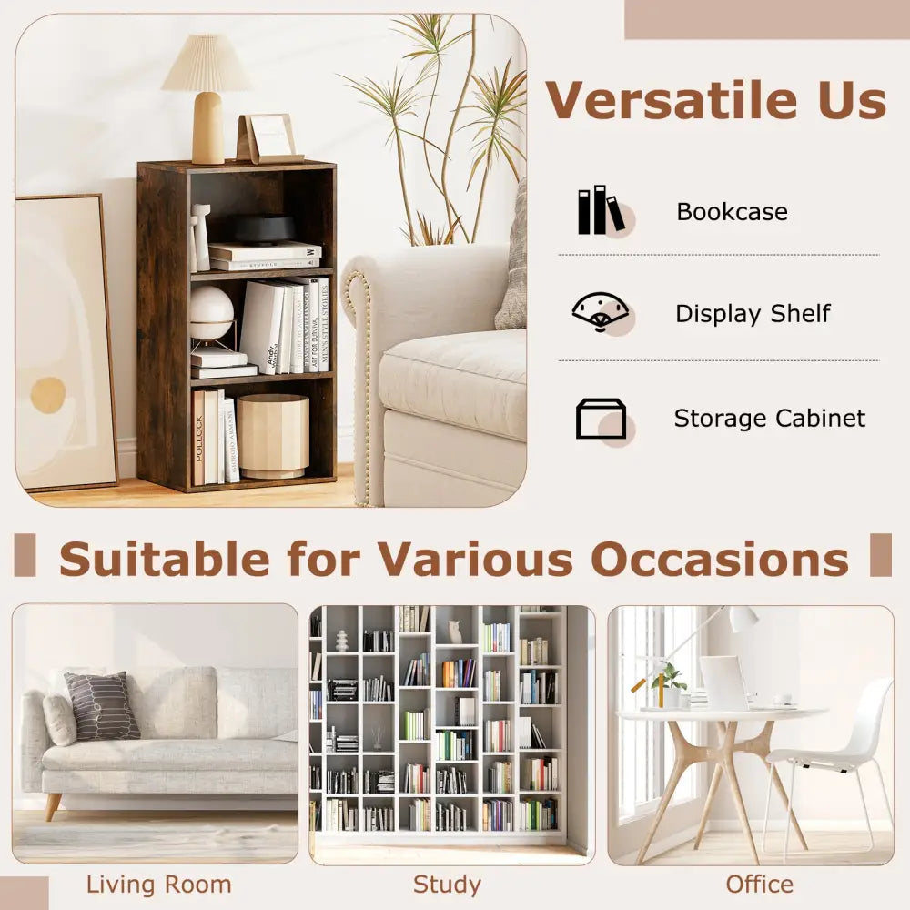 3 Open Shelf Bookcase Modern Storage Display Cabinet-Walnut - Rustic Brown - Bookcases