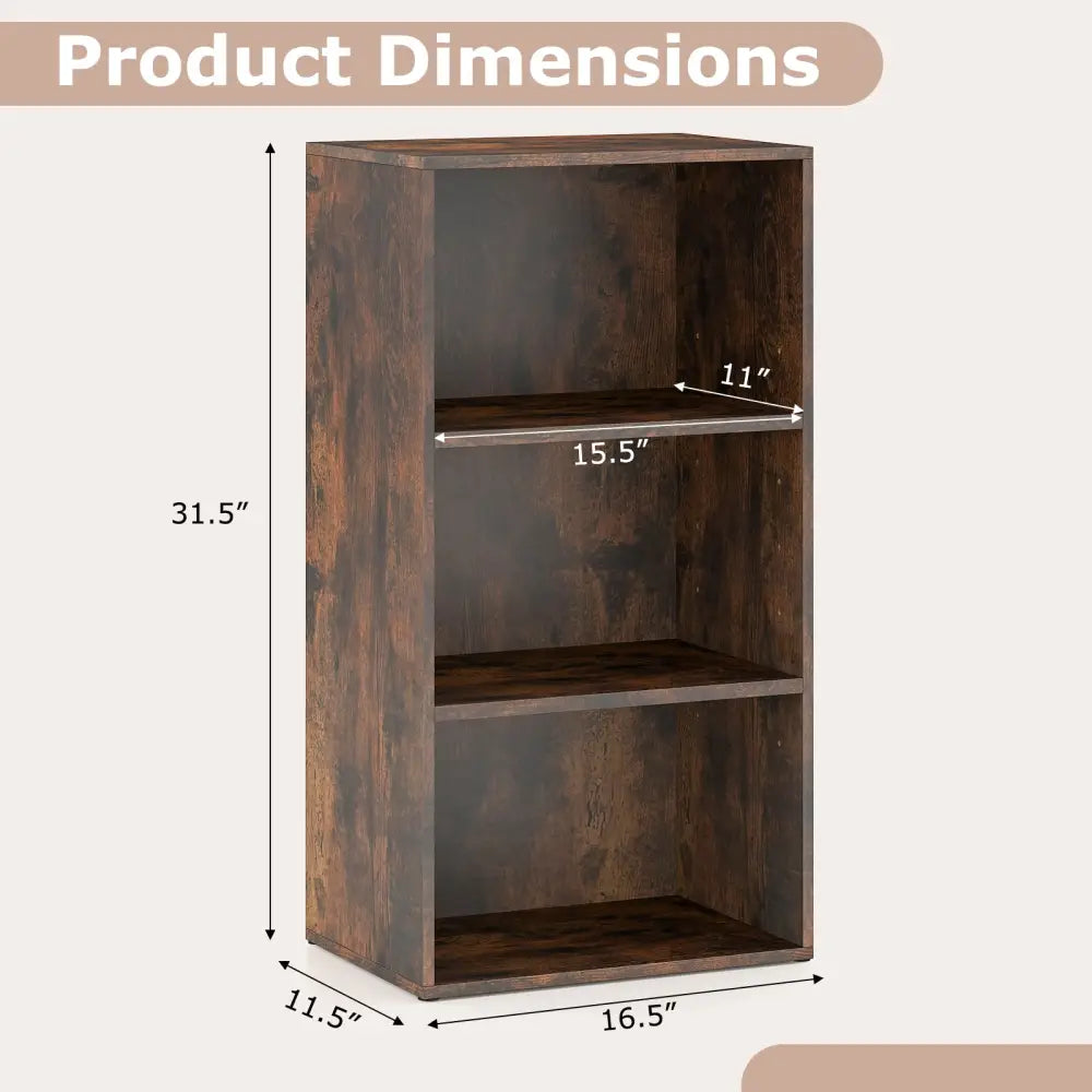 3 Open Shelf Bookcase Modern Storage Display Cabinet-Walnut - Rustic Brown - Bookcases
