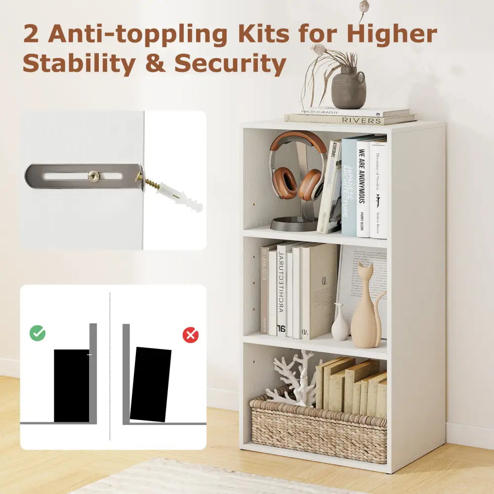 3 Open Shelf Bookcase Modern Storage Display Cabinet-White - White - Bookcases