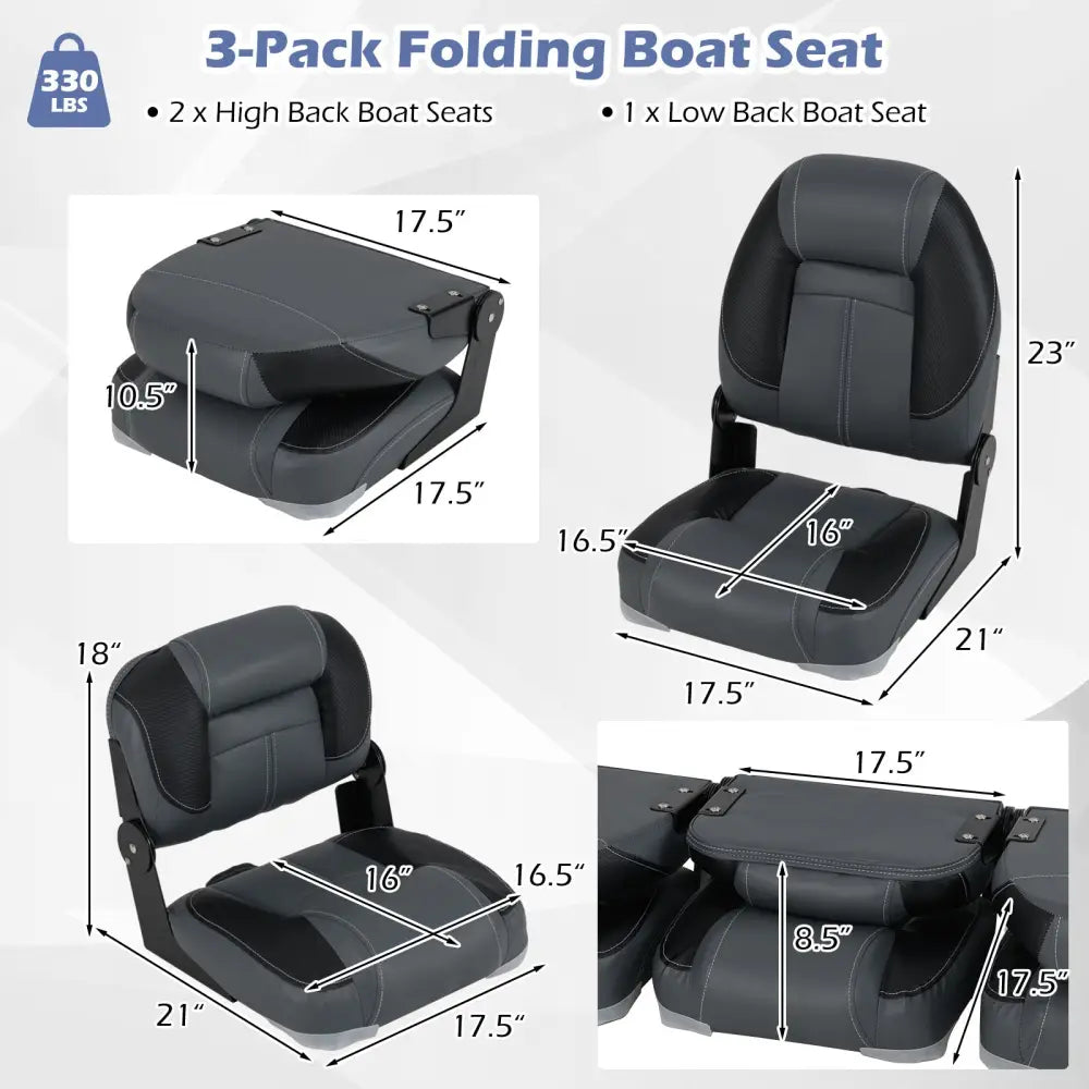 3-Pack Folding Boat Seats with 28D Soft Sponge Padding-Black - Black - Surfing