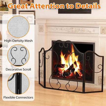 3 Panel Fireplace Screen Foldable Spark Guard Cover with Decorative Scroll - Fireplace Tools