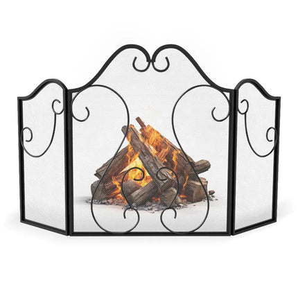 3 Panel Fireplace Screen Foldable Spark Guard Cover with Decorative Scroll - Fireplace Tools