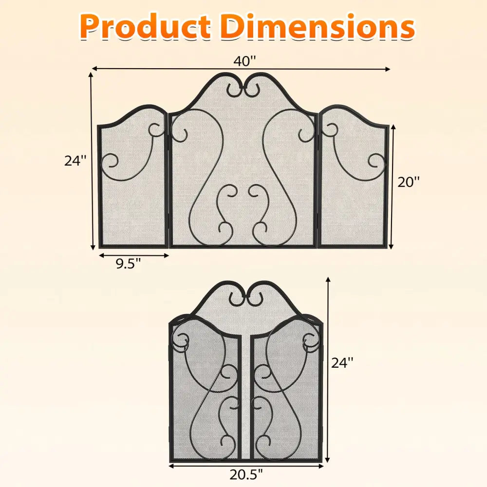 3 Panel Fireplace Screen Foldable Spark Guard Cover with Decorative Scroll - Fireplace Tools