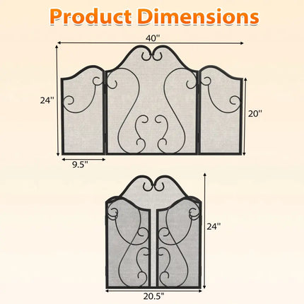 3 Panel Fireplace Screen Foldable Spark Guard Cover with Decorative Scroll - Fireplace Tools