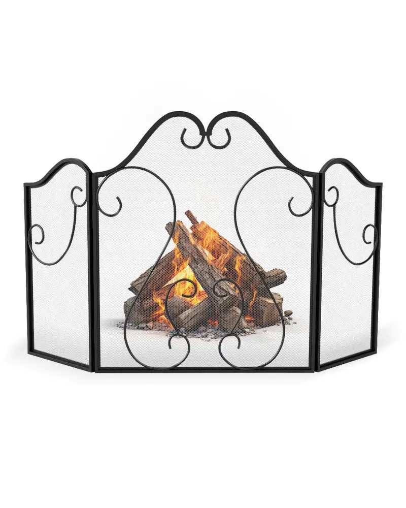 3 Panel Fireplace Screen Foldable Spark Guard Cover with Decorative Scroll - Fireplace Tools
