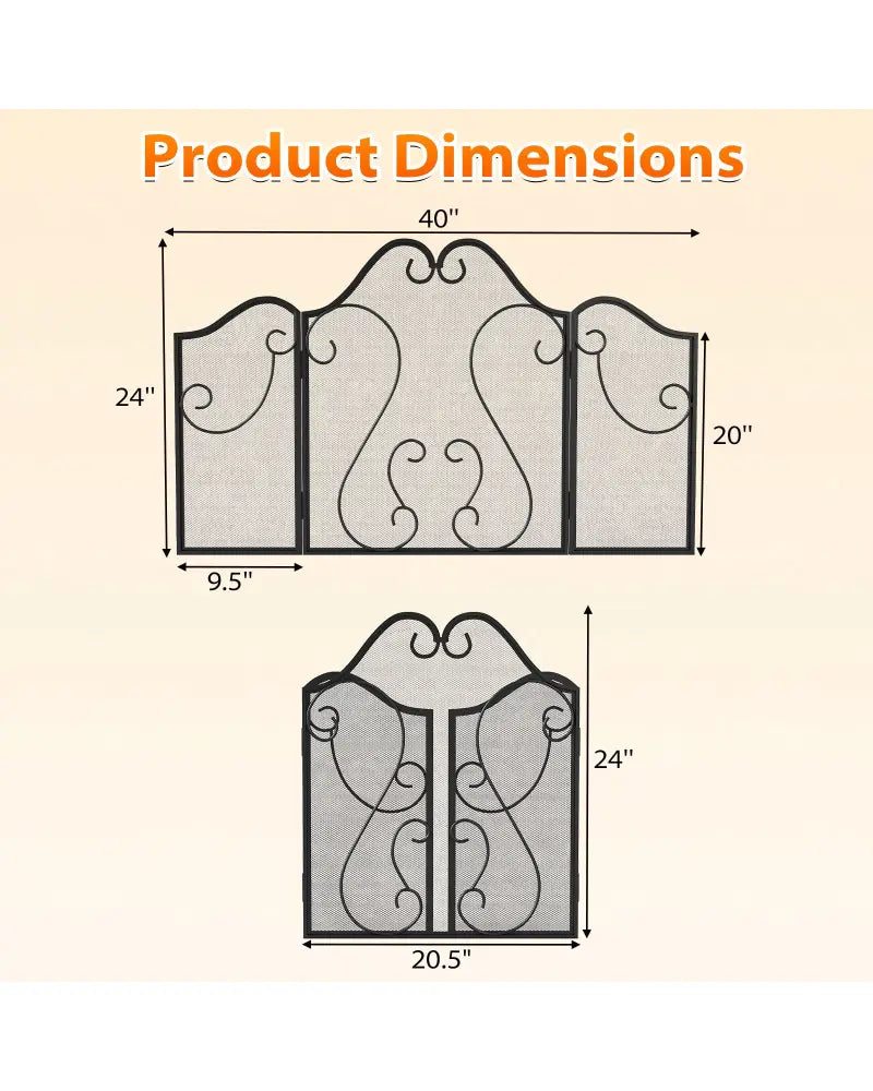 3 Panel Fireplace Screen Foldable Spark Guard Cover with Decorative Scroll - Fireplace Tools
