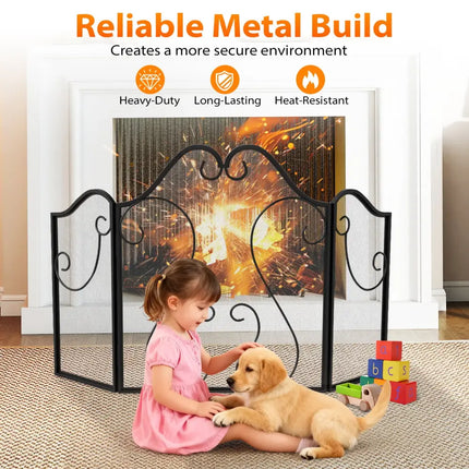 3 Panel Fireplace Screen Foldable Spark Guard Cover with Decorative Scroll - Fireplace Tools