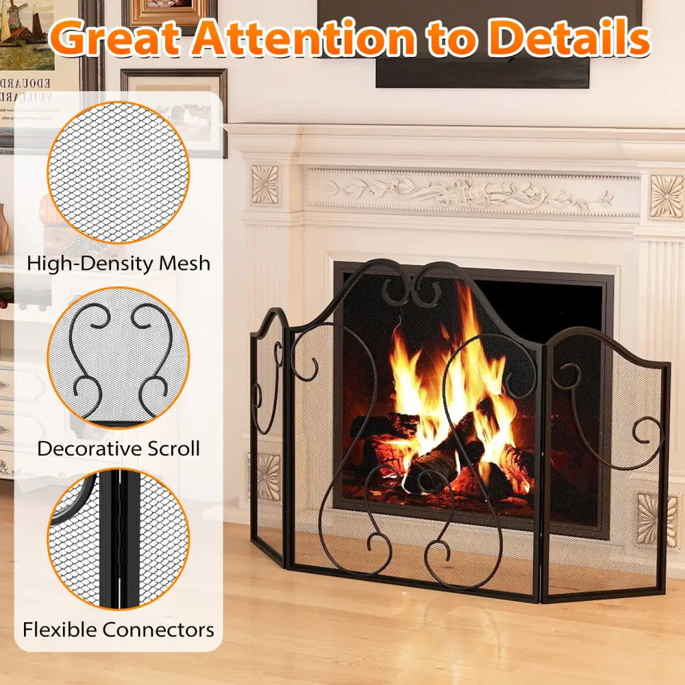 3 Panel Fireplace Screen Foldable Spark Guard Cover with Decorative Scroll - Fireplace Tools