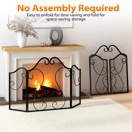 3 Panel Fireplace Screen Foldable Spark Guard Cover with Decorative Scroll - Fireplace Tools