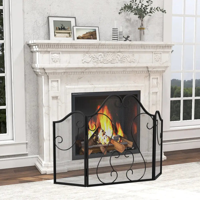 3 Panel Fireplace Screen Foldable Spark Guard Cover with Decorative Scroll - Fireplace Tools